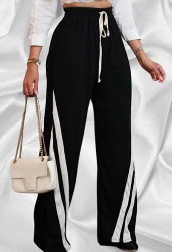 Women's Wide Leg Striped Drawstring Track Pants - Large Black Sweatpants