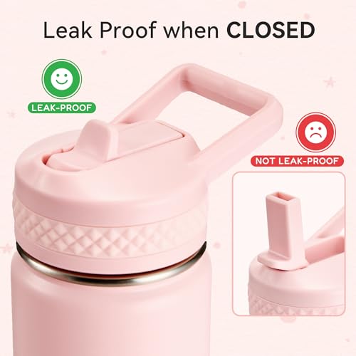 Kids Insulated Water Bottle with Straw - Pink 12 oz Stainless Steel Toddler Cup