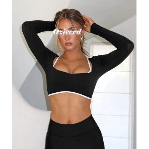 OZICERD Women Backless Long Sleeve Workout Tops Gym Shirt Athletic Clothes Built in Bra Open Back Crop Top Yoga Sport Halter