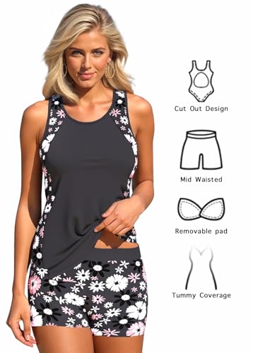 MODLILY Women's Racerback Tankini Swimsuit - Color Block Bathing Suit, Medium Gray Brown