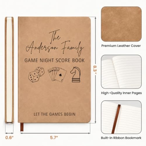 Personalized Game Night Score Book with Family Name - Faux Leather A5 Notebook for Board Games Lovers - Customizable, Compact, Perfect Gift