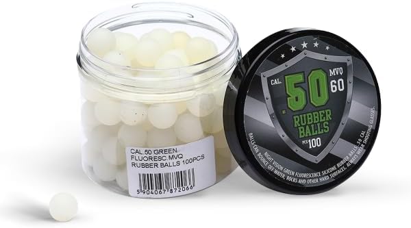Glowing Rubber Balls in 50 Caliber 100 x Glow in The Dark Resusable Rubber Balls w. Silicon in Green for Training Home Defense Paintball Pistols in 50 Cal.