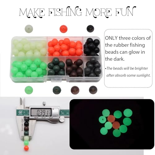 Round Rubber Fishing Beads 0.39in/10mm - Glow in Dark - 120pcs - Tackle Box Included