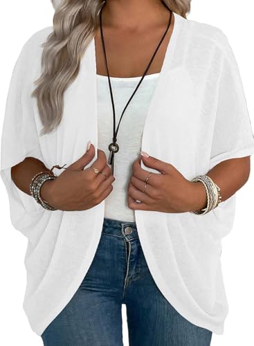 Eytino Plus Size Women's Short Sleeve Lightweight Summer Kimono Cover Up Top 2X White