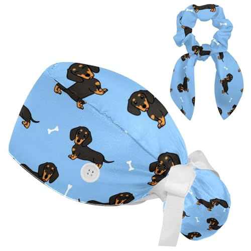 Animals Dogs Working Cap with Buttons, Adjustable Surgical Scrub Cap with Bow Hair Scrunchy