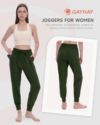 Women's Olive Green Joggers with Pockets - Lightweight Athletic Lounge Pants, 27" Inseam, X-Large