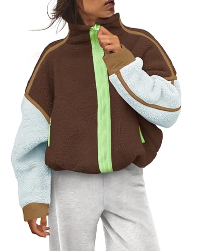Women’s Zip Up Fleece Jacket Long Sleeve Sherpa Sweatshirt Small Cocoa Sky Combo
