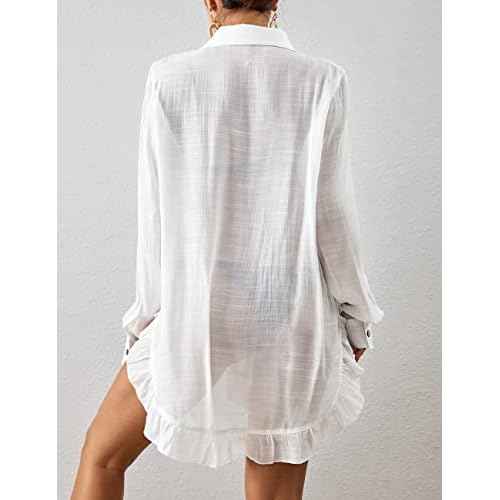 Bsubseach Long Sleeve Swimsuit Coverup for Women Button Down Bathing Suit Cover Up Shirt Casual Beach Dress Black S