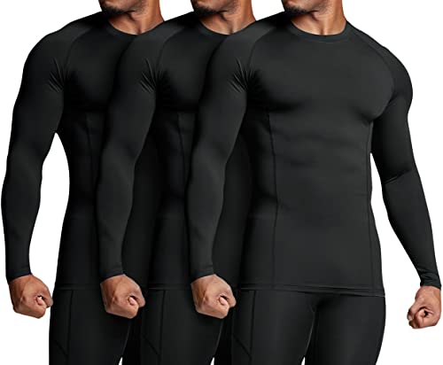 Men's UPF 50+ Long Sleeve Compression Shirt Water Sports Rash Guard 3 Pack Large Black
