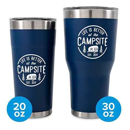 Camco Life is Better at The Campsite Stainless Steel Tumbler - Features Double Wall Vacuum Insulation for Heat/Ice Retention & Unique Life is Better At the Campsite Design - Holds 20 oz. (53323)