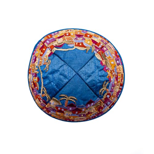 Embroidered Kippah with Jerusalem Design - Multicolor on Blue, 7 inch