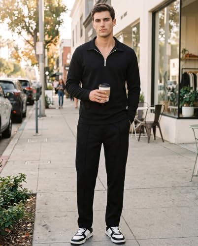 Men's 2-Piece Tracksuit Sets Long Sleeve Polo Sweat Suit - Medium Black