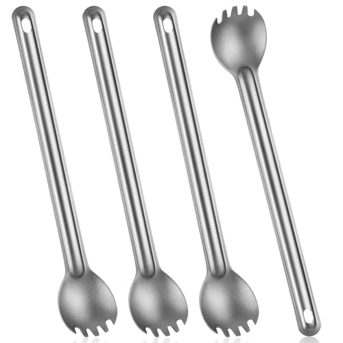 4 Pcs Titanium Camping Utensils Long Handle Spork and Spoon Ultralight Portable Flatware Set