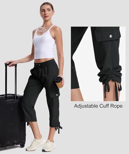 Women's Cargo Capri Pants with 6 Pockets - Lightweight Summer Hiking Capris, Medium / Black