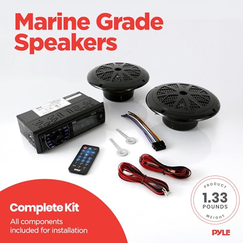 Pyle Marine Headunit Receiver Speaker Kit - In-Dash LCD Digital Stereo Built-in Bluetooth & Microphone w/ AM FM Radio System 5.25¡¯¡¯ Waterproof Speakers (2) MP3/SD Readers & Remote Control-PLMRKT46BK