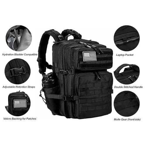 LHI Military Tactical Backpack for Men and Women 45L Army 3 Days Assault Pack Bag Large Rucksack with Molle System - Black