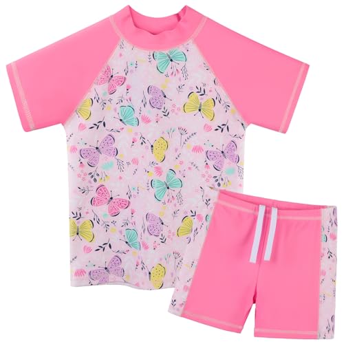 Girls Short Sleeve Swimsuit Two-Piece Floral Rash Guard UPF 50+ - Pink Butterfly 2-3T