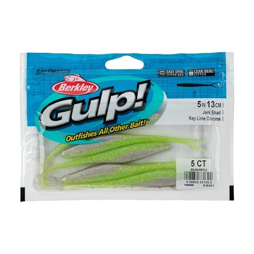 Berkley Gulp! Saltwater Jerk Shad Fishing Bait, Key Lime Chrome, 5in, Extreme Scent Dispersion, Realistic Baitfish Profile, Ideal for Redfish, Flounder, Bass and More