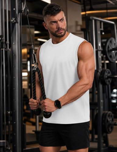Men's Moisture Wicking Cotton Tank Top Large White - Summer Gym Workout Sleeveless Shirt
