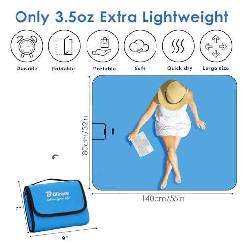 Beach Picnic Blanket, Sandproof Waterproof Camping Blankets Large, Outdoor Sandfree Foldable Mat 55x32in, Oversized Packable Family Mats for Hiking, Camping, Park, Travel, Grass Concert-Blue