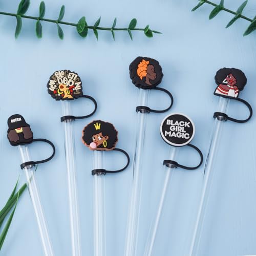 6Pcs Black Girl Straw Cover Cap for Stanley Cup Accessories, 10mm Cute Black Drinking Straw Topper for 40oz 30oz Stanley Tumbler, Dust-Proof Reusable Straw Tips Valentines Decor Gifts for Women