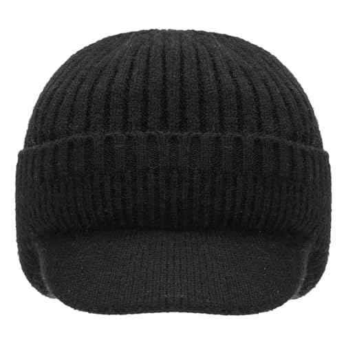 Men Warm Baseball Beanie Hat with Earflap Winter Visor Brim Knitted Caps Thicken Plush Lined Skull Ski Hat