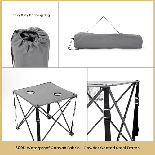 Portable Camping Folding Table - 26 Inch Square with 2 Cup Holders, Steel Frame, Grey