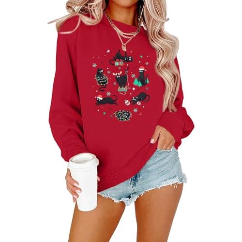Meowy Christmas Sweatshirt for Women Christmas Cat Pullover Cat Lover Christmas Tops Merry Christmas Lights Sweater