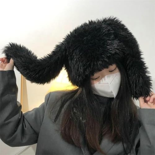 Y2K Plush Hat for Women Fuzzy Cute Beanie Bunny Ears Hat Fluffy Hat Skull Cap Winter Warm Hat Christmas Halloween