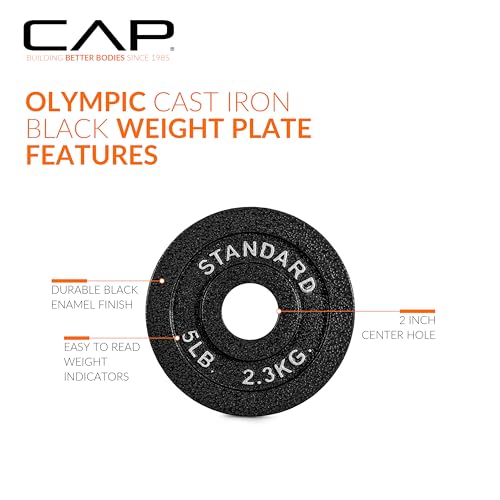 CAP Olympic 2-Inch Cast Iron & Rubber Coated Weight Plates - Classic Black, 5 lb Set of 4