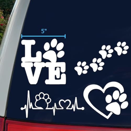 Large White Dog Paw Decals 4 Pack - Love Heartbeat Print & Variations