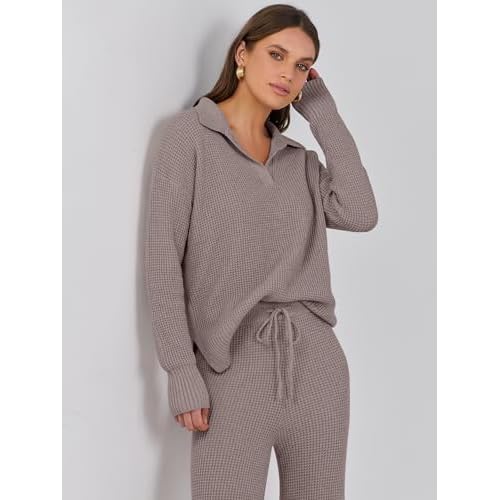 ANRABESS Women Two Piece Outfits Sweater Sets Lounge Waffle Knit Pullover Matching Wide Leg Pants Tracksuit 2025 Fall Fashion
