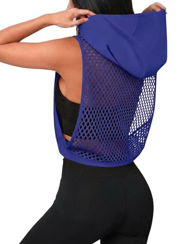 Hilinker Women's Sleeveless Hoodie Open Back Mesh Workout Top XL Blue