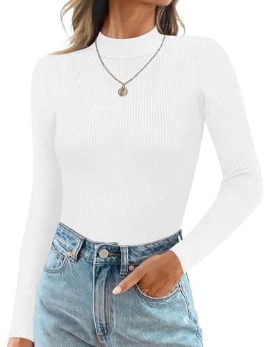 Ekouaer Women's Mock Turtle Neck Long Sleeve Ribbed Thermal Shirt - Medium White