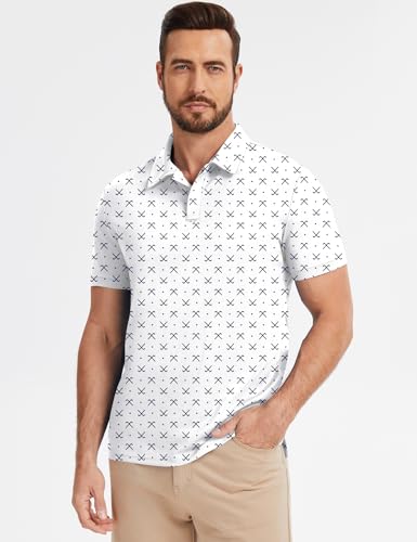 Poriff Men's Short Sleeve Golf Polo Shirt Dry Fit Moisture Wicking Top - White, Large