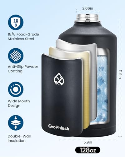 1 Gallon Insulated Water Bottle - Matte Black, Keeps Drinks Cold 48H