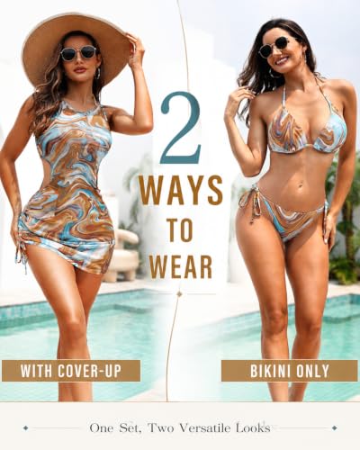 Brown Blue Marble Mesh Coverup Bikini Set - Large - 3 Piece Swimsuit