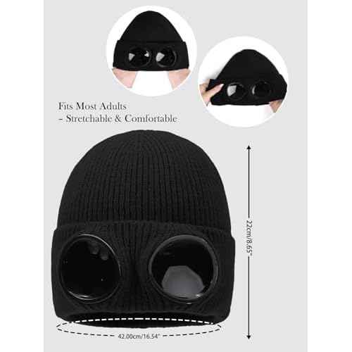 Unisex Winter Beanie with Fixed Goggles, Double-Layer Knit Hat with Soft Fleece Lining, Warm Windproof Skull Cap