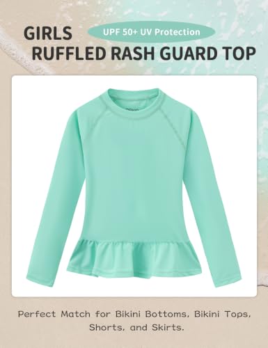 Girls Ruffle Rash Guard Swim Top Long Sleeve Green 14 - Water Sport Shirt