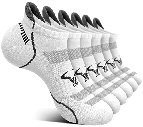 Men's Running Ankle Socks 6 Pack - Cushioned Support Low Cut No Show, White/Black/Gray 10-12