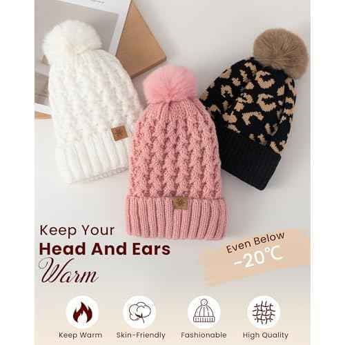 Trifabricy Womens Winter Hat Knit Crossed Cap Beanie Hats for Women Soft Warm Lined with Faxu Fur Pom Poms for Cold Weather