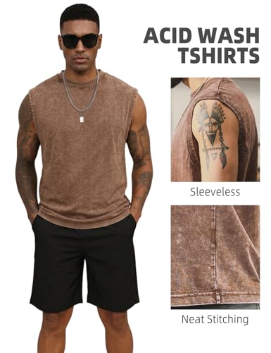 Arssm Sleeveless Cotton Tank Tops for Men - Acid Wash Muscle Workout & Running, Large / Black & Khaki & Army