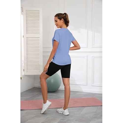 KevaMolly Workout Tops for Women V Neck UPF50+ Breathable Loose Fit Yoga T Shirts Short Sleeve Running Gym Athletic Tee Top