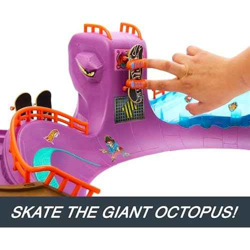 Hot Wheels Skate Octopus Skatepark Playset with Tony Hawk Fingerboard & Pair of Removable Skate Shoes, Includes Storage