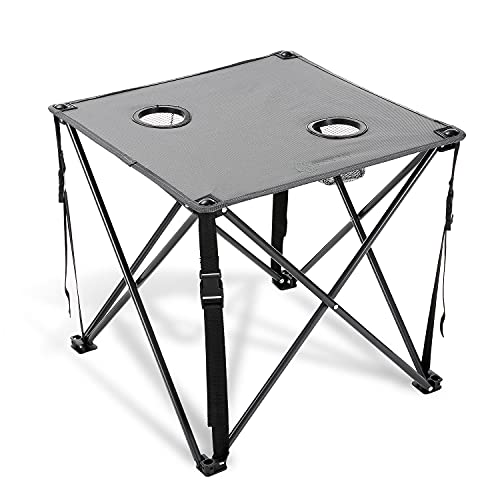 Portable Camping Folding Table - 26 Inch Square with 2 Cup Holders, Steel Frame, Grey