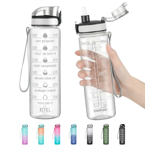 Enerbone Crystal Water Bottle 32oz Leakproof BPA Free Motivational Sports Flask with Straw