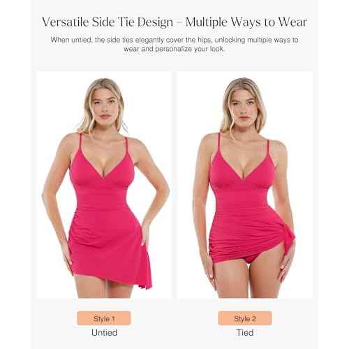 Popilush One Piece Swim Dress Tummy Control Swimsuits for Women Ruched Shapewear Split Bathing Suit