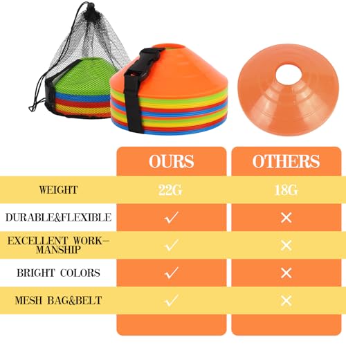 Multicolor Soccer Cones 50 Pack with Mesh Bag & Strap for Sports Training