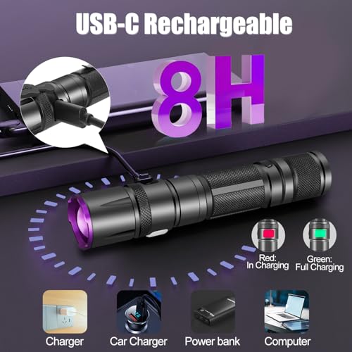 Blacklight Flashlight, 2 Pack UV Flashlight Rechargeable, Small Pure Ultraviolet Light Long Lasting, Powerful Fluorescent Detector for Dog Urine Stains,Scorpions,Hornworm,Glow Paint
