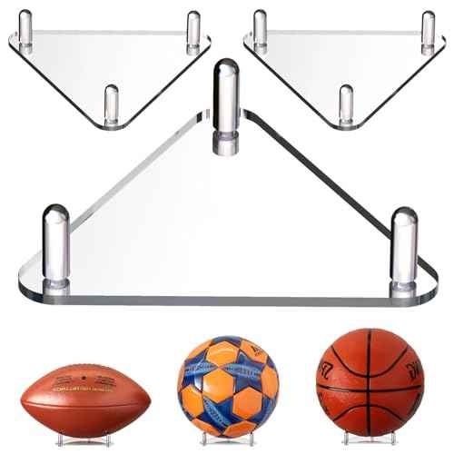 Happyseason 3-Pack Acrylic Football Stand, Basketball Stand with Stainless Steel Rods, Soccer Ball Holder, Volleyball Holder, Round-Edge Rack for Balls, Easy to Assemble (Clear)